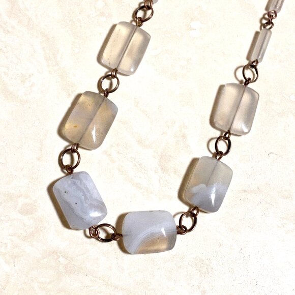Geometric Agate Necklace, Rustic Genuine Gemstone Copper Link Necklace - Picture 3 of 10